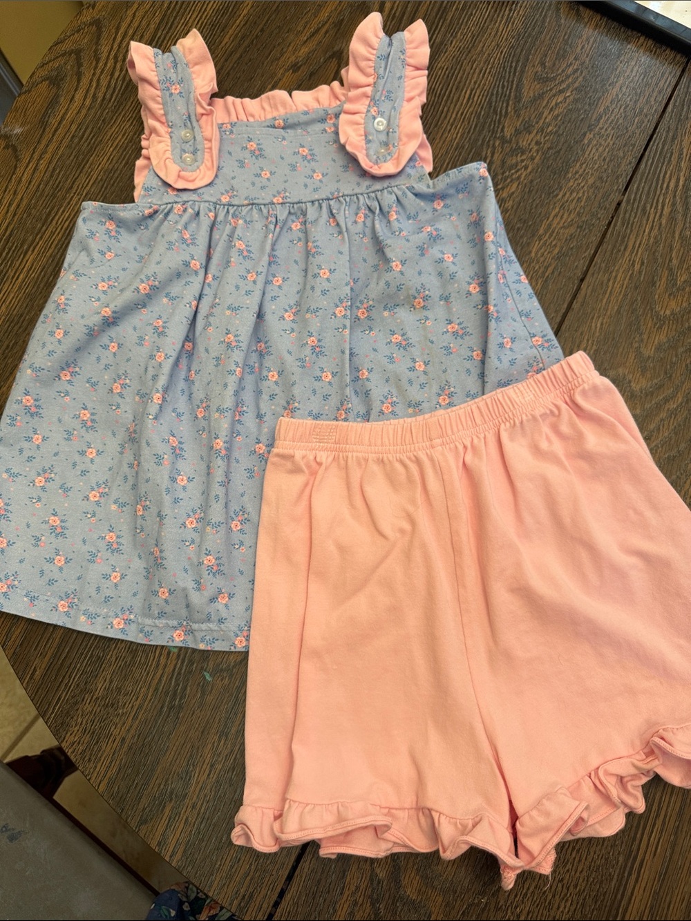 Stitchy Fish 7 Blue Floral Ruffle Strap Top with Pink Ruffle Shorts